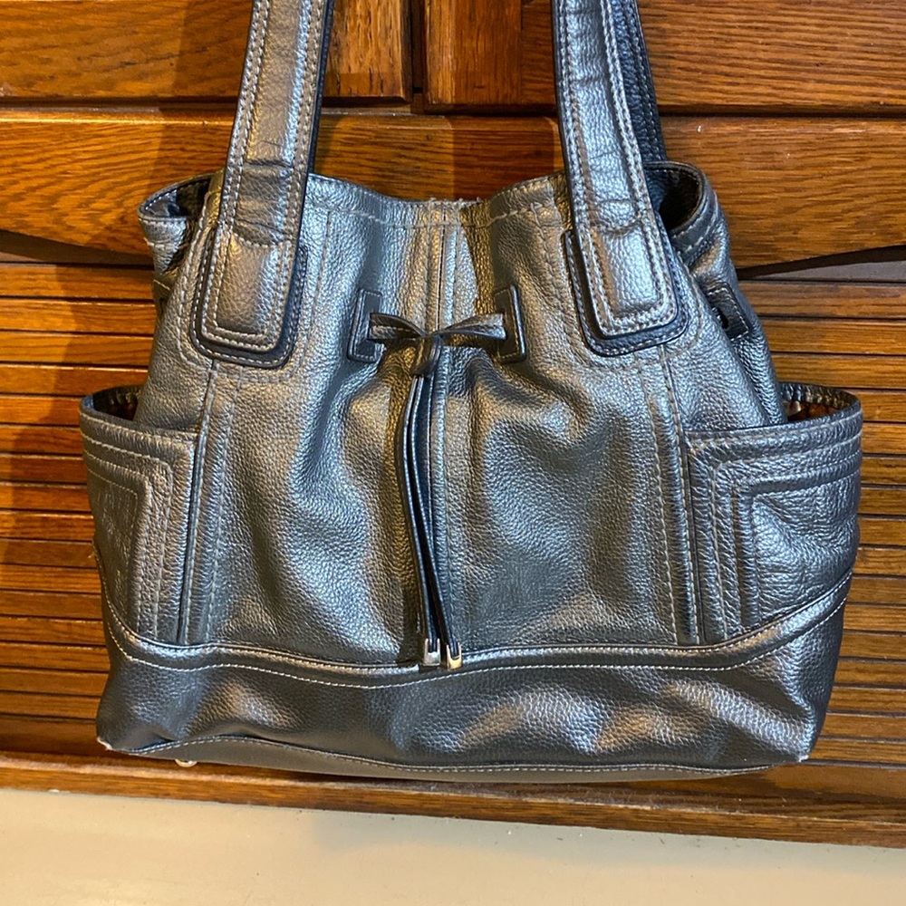 Tignanello Gray Gunmetal Metallic Leather Bag